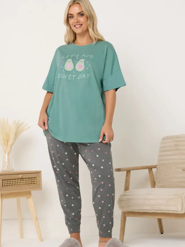 Yours Groene Lets Avo A Duvet Day Pyjamaset Met Omslagmanchetten-44 Green