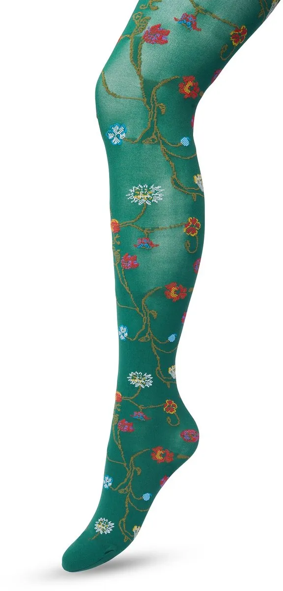 Bonnie Doon Bloemen Panty 80 Denier Donker Groen Dames - Bloemen Print - Gladde Naden - Maximaal Draagcomfort - Floral Tights - Chique Panty - Feestelijk - Gebloemd - Kleurrijk - Bloemenprint - Donkergroen - Trekking Green - BP221906.380