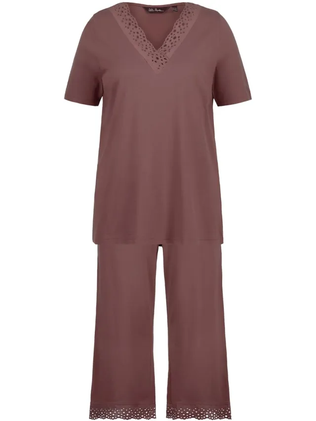 Ulla Popken Dames - Pyjama opengewerkt borduursel korte mouw modalmix - Aarde - Maat 62+