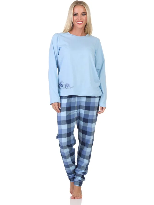 Normann jersey damespyjama met lange mouwen, geruite broek en dierenmotief hellblau