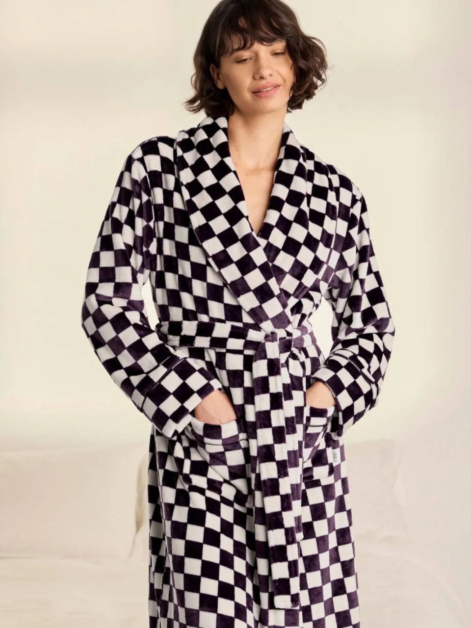 Chelsea Peers fleece geruite badjas - donkerpaars/wit, foto 5