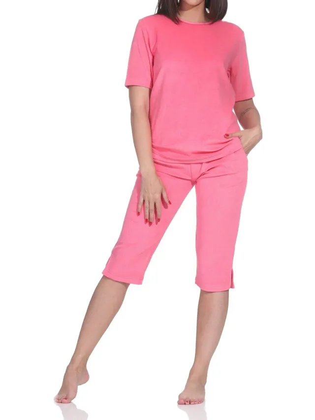 Normann damespyjama met korte mouwen in badstof capri - ook ideaal als homewear pink