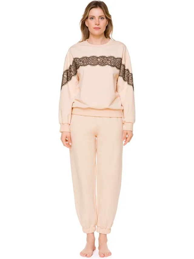Coemi Dames Huispak-Katoen met Zwart Kant-Sweatshirt & Joggingbroek-Beige