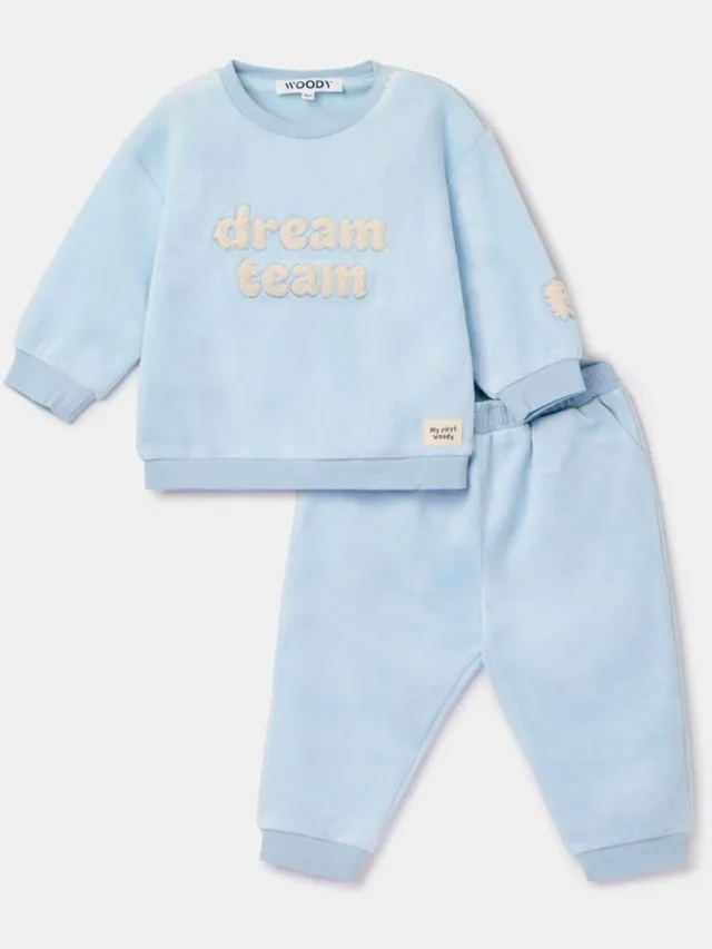 Woody pyjama baby unisex velours - lichtblauw - 'Dream team' - 262-10-BPC-V/810