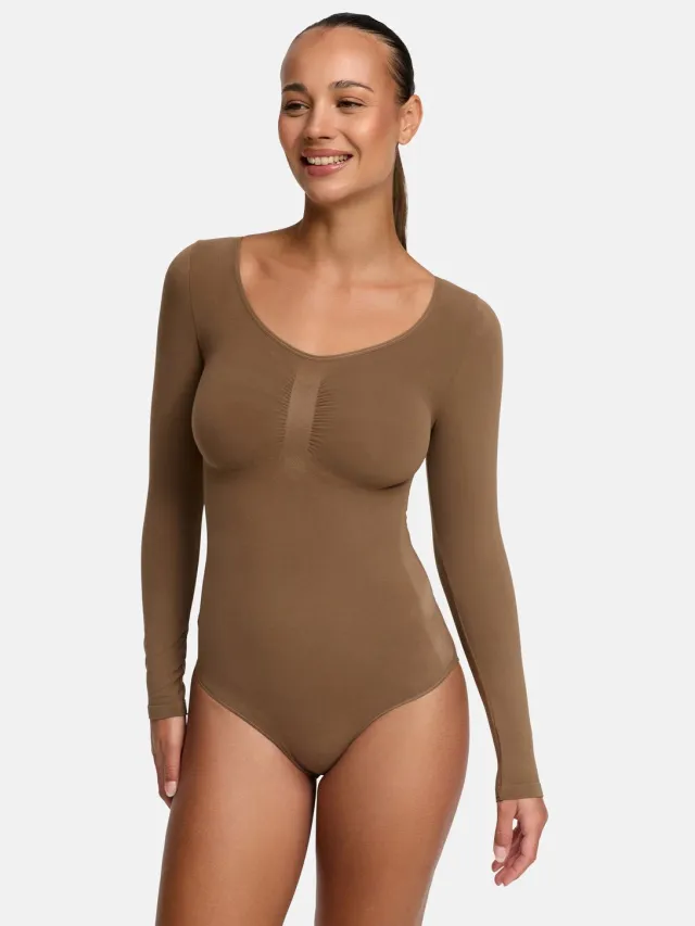 cfab Bodysuit met corrigerende werking, lange mouwen en bijpassend slipje - Caramel