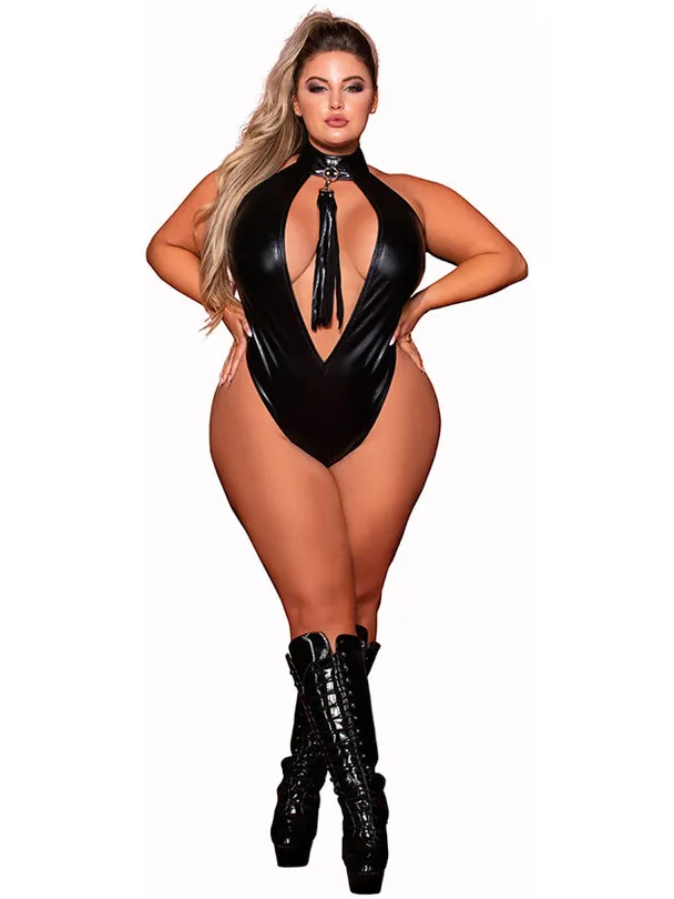 Dreamgirl Faux Halter Teddy met Flogger - Plus Size - Zwart