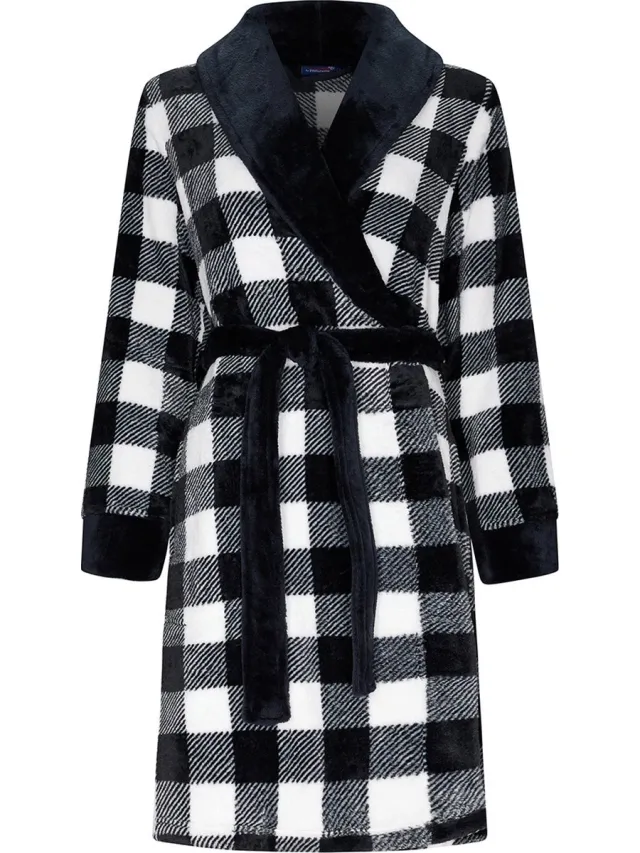 Rebelle Geruite badjas Laurie gerecycled polyester - Zwart - Maat