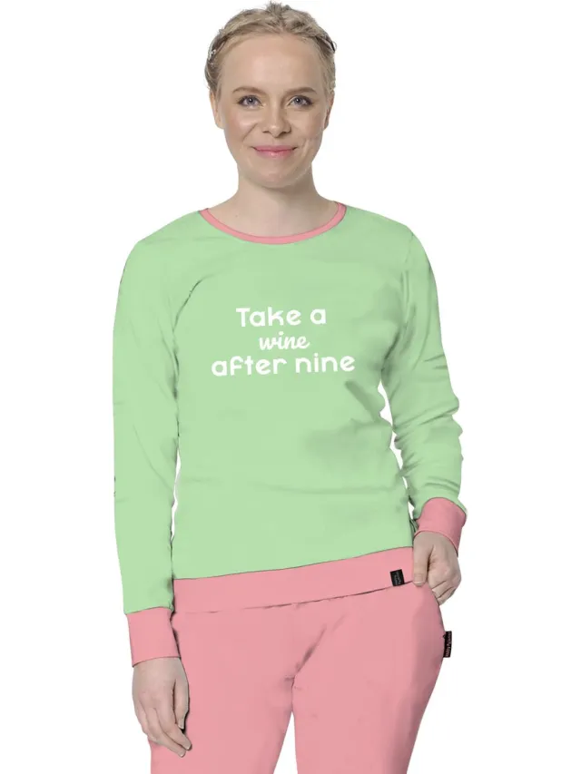 Happy Pyjamas Dames Pyjama - Groen/ roze - Maat XL (XS- XXL) | Take a wine after nine