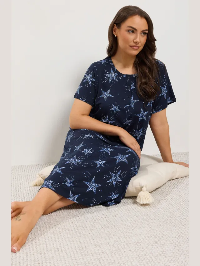 Yours Curve Midaxi Nachthemd Met Ster En Knoopsluiting In Marineblauw-60 Blue