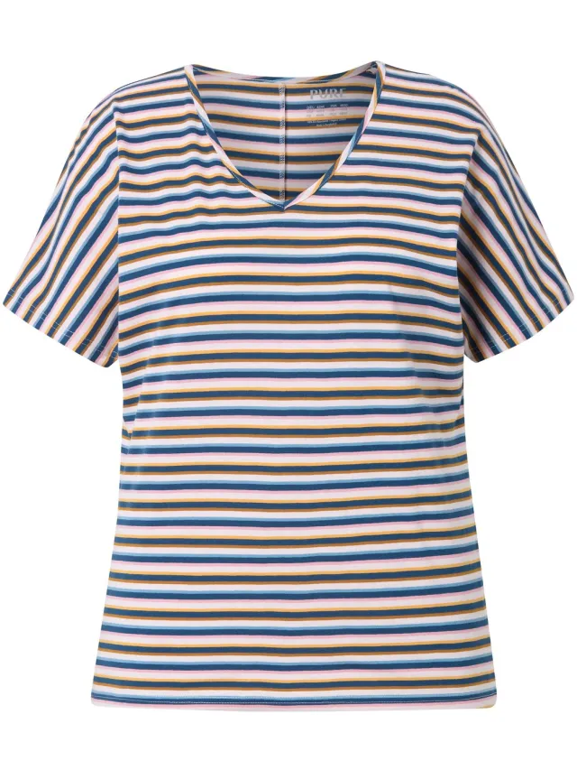 Ulla Popken Dames - Slaapshirt strepen V-hals halve mouw biologische katoen - Petrol - Maat 46+