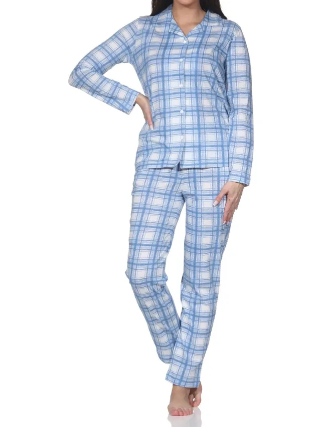 Normann dames jersey pyjama lange mouw knoopsluiting in ruitlook - ook in grote maten blau