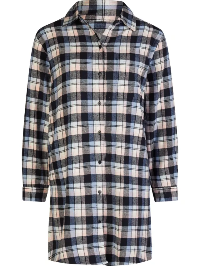 By Louise Dames Pyjama Nachthemd Lang Flanel Geruit Grijs/Roze