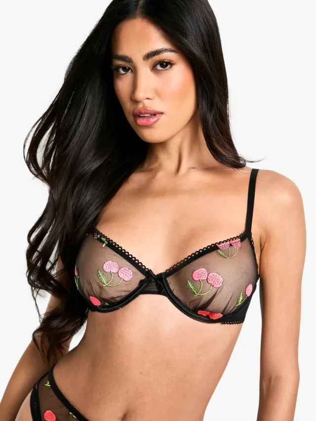 boohoo Dames Kersengeborduurde beugelde bh zwart, foto 3