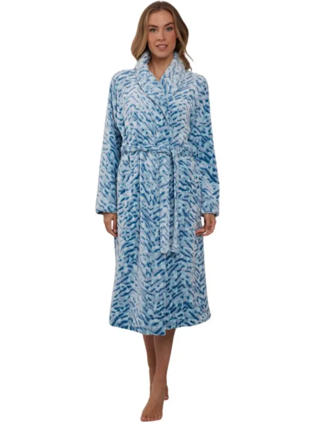 Pastunette Dames badjas met panterprint - turquoise badjas fleece - Zacht & warm - Pastunette badjas voor dames - maat XL (50-52)