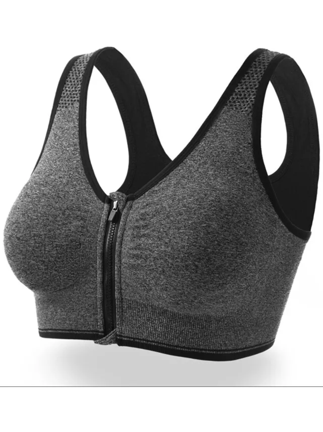 Daity Sportbeha met ritssluiting aan de voorkant – Dames sportbeha met ritssluiting aan de voorkant – Sportbeha met hoge ondersteuning – Fitnessbeha – Beha zonder beugel – Push-up en ademend – Damesondergoed – Maat XL – Grijs Paars
