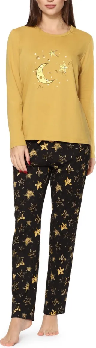 Merry Style Dames Pyjama - Lange mouwen - Lange broek - Katoen - MS-MS10-169-PJ - Mosterd Geel/Sterren