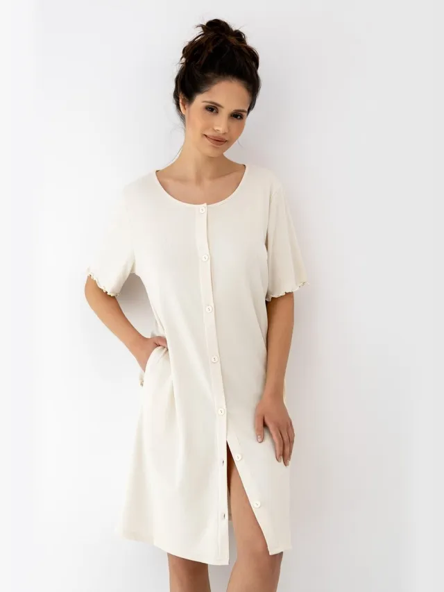 S& Sensis Sensis Viscose Nachthemd Dames Geribd Knoopsluiting Zakken Ecru BAYLA 44 /