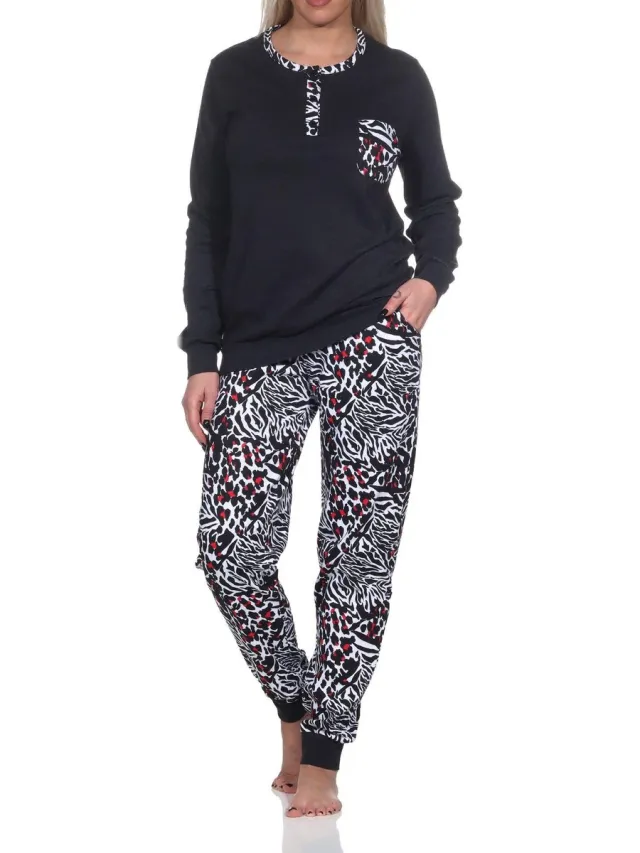 Normann Dames Knuffel Interlock Pyjama Lange Mouw met Manchetten in Dierenprint Optiek schwarz