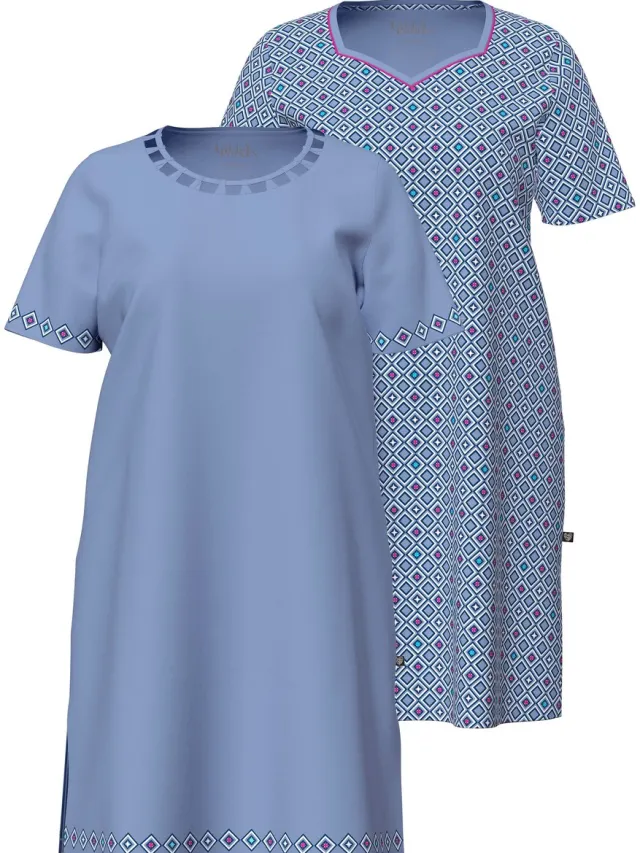 Ulla Popken Dames - Bigshirts set van 2 patroon ronde hals korte mouw - Duifblauw - Maat 50+