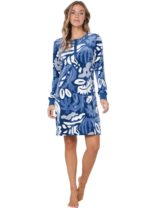 Pastunette Blue Bloom - Nachthemd - Velours - Blauw