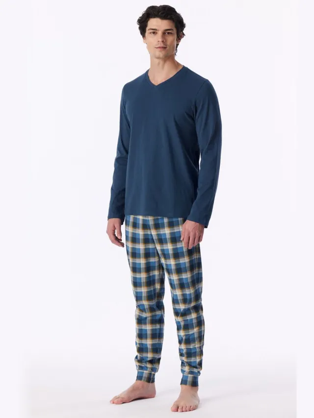 Schiesser Casual Essentials lange pyjama met manchetten - deepblue dessin deep blue