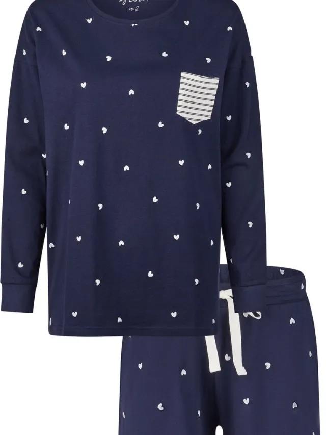 By Louise Dames Pyjama Lounge Set Blauw Hartjes Donkerblauw