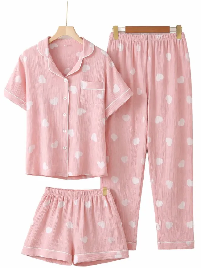 Mylinsé Dames Pyjama Set Katoen – Roze Hartjes – 3-delig (Lange Broek & Korte Broek) – Luchtige Zomer Pyjama – Lente Herfst Nachtkleding – Hydrofiel Katoen – Maat L (valt als M)