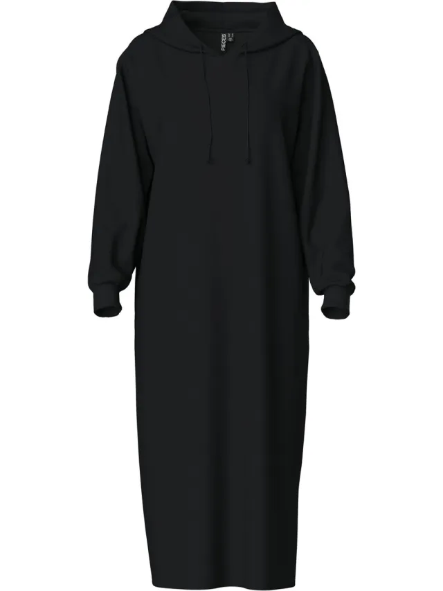 Pieces Hoodie Midi Dress - Loungewear Dress - Katoenen dik extra lang nachthemd - Zwart /