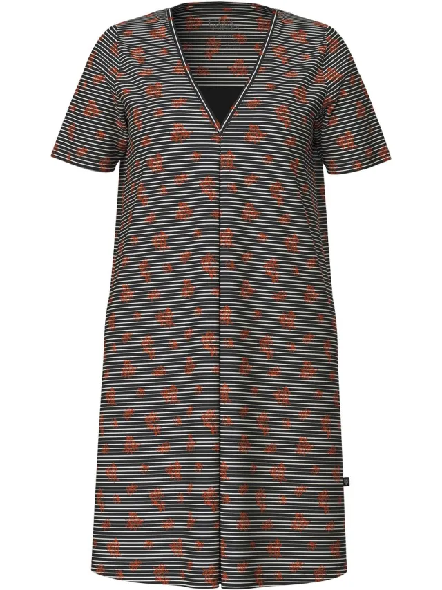 Ulla Popken Dames - Nachthemd strepen/bloemen V-hals korte mouw - Zwart - Maat 42+
