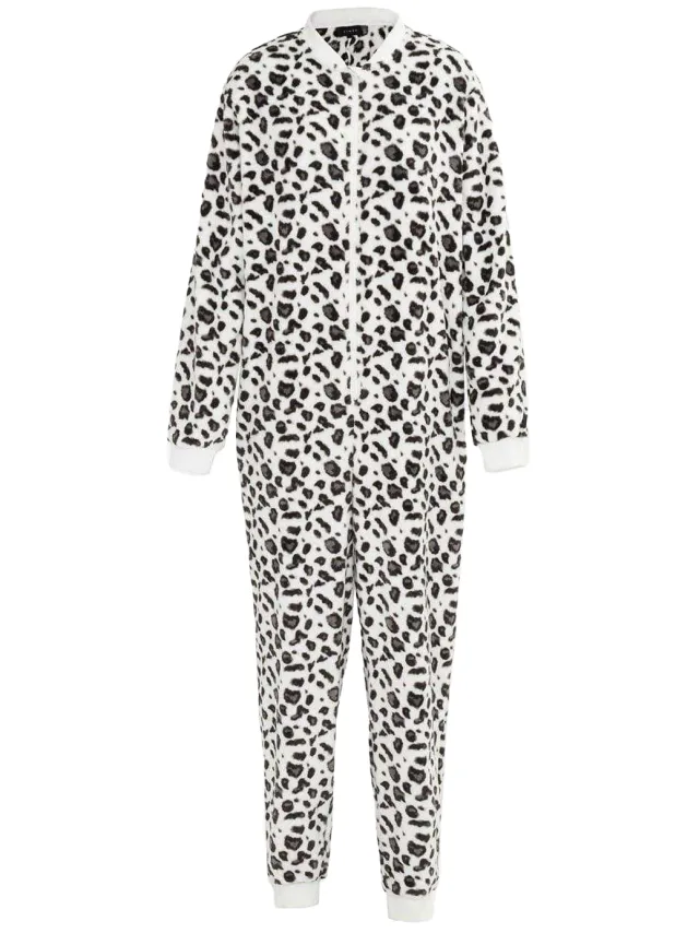 Linea Fleece-pyjama met luipaardprint voor dames (Zwart, Wit)