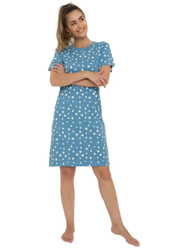 Cocodream Quality Cocodream dames nachthemd korte mouw - 100% katoen - Flower dots - jeans Jeans, flower dots