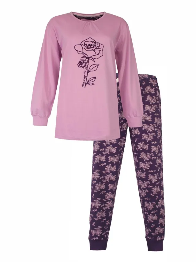 Tenderness Dames Pyjama - Roos Print - Lange Mouwen - Lila Paars