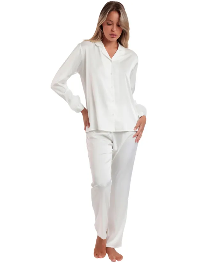 Admas Plumas Marabu satijnen pyjamaset wit