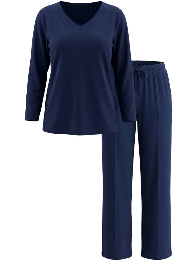 Ulla Popken Dames - Pyjama siernaden V-hals 3/4-mouwen - Nachtblauw - Maat 58+