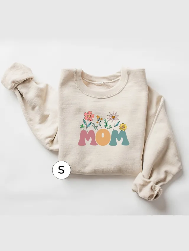 Gildan Beige Oversized Sweater voor Vrouwen - Mom Print met Bloemen - Small - Comfortabele Trui - Perfect Cadeau voor Moeders