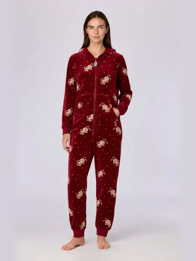 Woody onesie unisex velours - bordeaux - konijnen all-overprint - 262-10-ONE-V/923