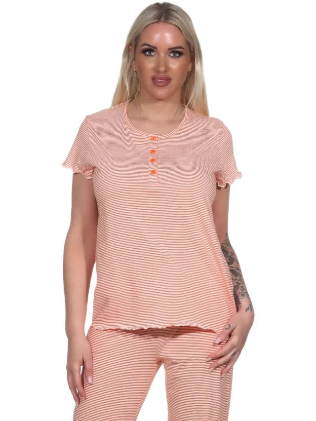 Normann Damespyjamashirt met korte mouwen mix & match in Stripe Optiek oranje