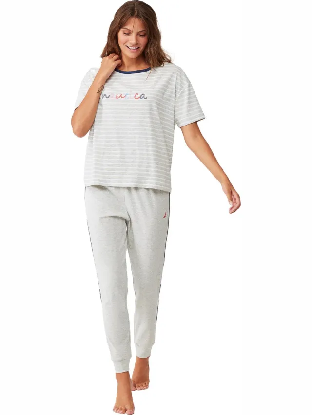 Nautica Dames Pyjama Set, Korte Mouwen Grijs