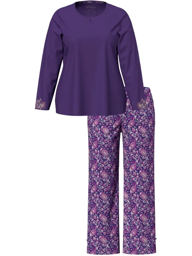 Ulla Popken Dames - T-shirt paisleypatroon V-hals lange mouwen - Lilablauw - Maat 42+
