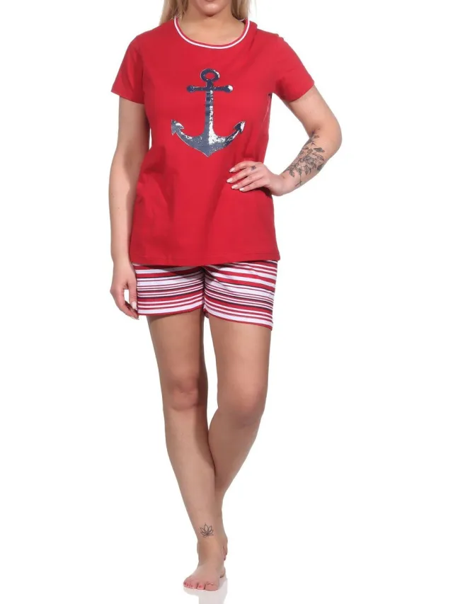 Normann Shorty damespyjama met ankermotief en gestreepte short - 122 205 10 755 rot