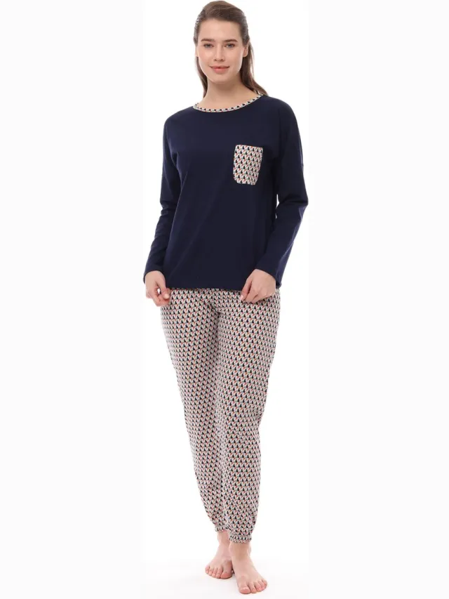 Pijadore Dames Pyjama Set, Lange Mouwen, Donkerblauw
