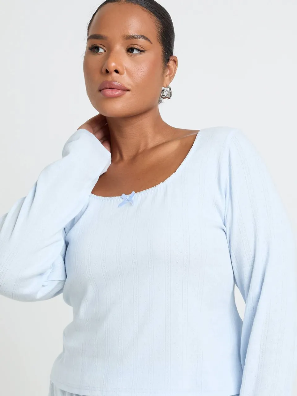 boohoo Dames Plus Pointelle Pyjama Top Met Ronde Hals En Lange Mouwen babyblauw, foto 2