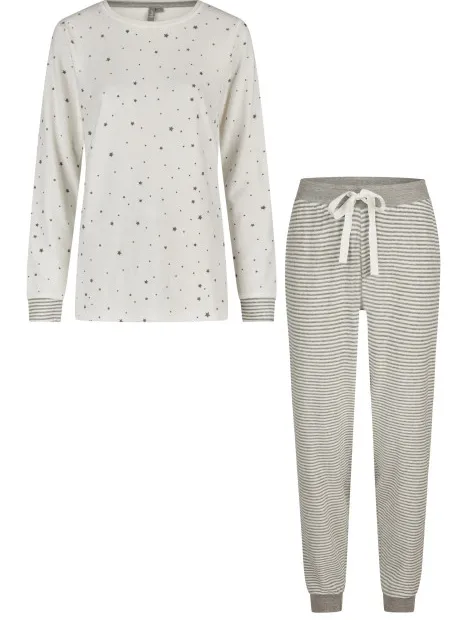 By Louise Dames winter pyjama set lang badstof sterren wit Veelkleurig