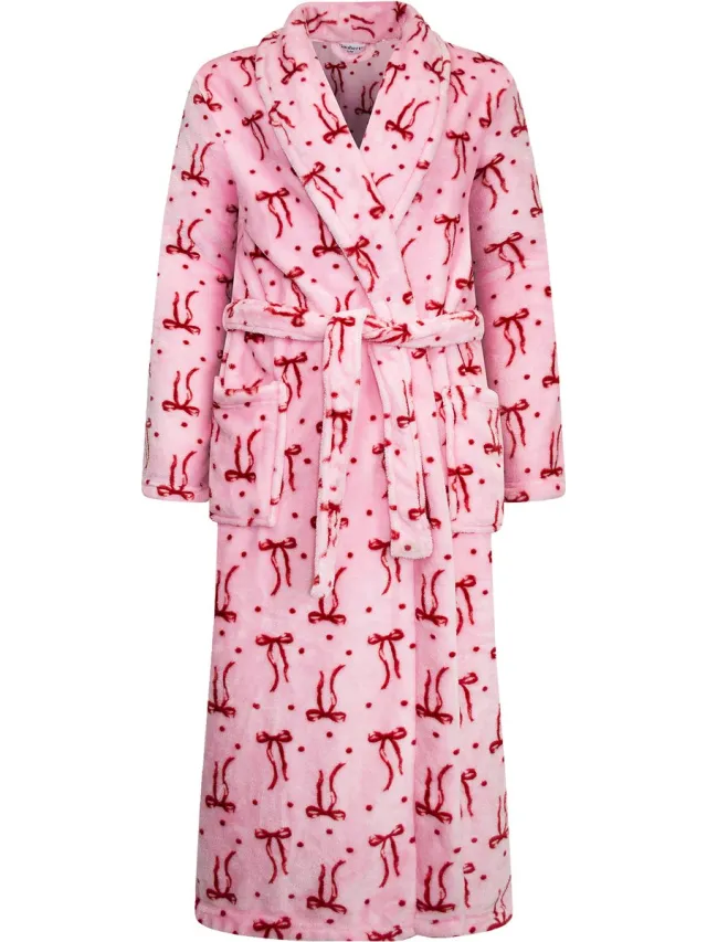 GAUBERT Dames Badjas Extra Lang met Sjaalkraag en Ceintuur - Ochtendjas - Superzacht Coral Fleece - Dames - Roze Met Strikjes - 8214 Dames, Ceintuur, Roze met Rode Strikjes