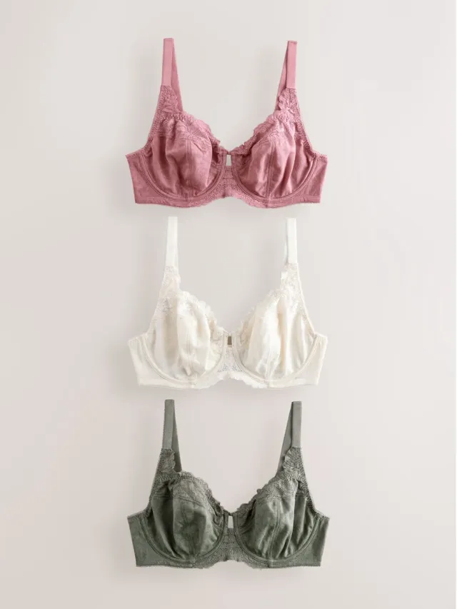 Next Dames - Set van 3 DD+ beha's met beugel, kanten rand en volledige cups zonder vulling - Groen Green/Pink/Cream