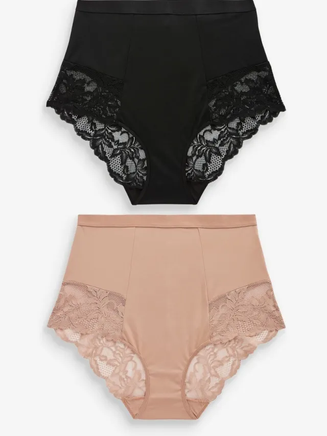Next Dames - Set van 2 buikcorrigerende, licht vormgevende Brazilian-slipjes met hoge taille - Zwart Black/Praline Nude