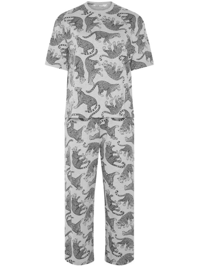 Yours Grijze Pyjamaset Met Luipaardprint En Wijde Pijpen-64 Grey