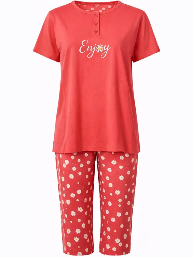 Cocodream Quality Dames Pyjama - Katoen - Zomer - 3/4 broek - Koraalrood Madelief Koraalrood, print