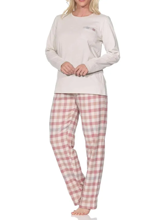 Normann lange damespyjama met geruite flanellen pyjama creme