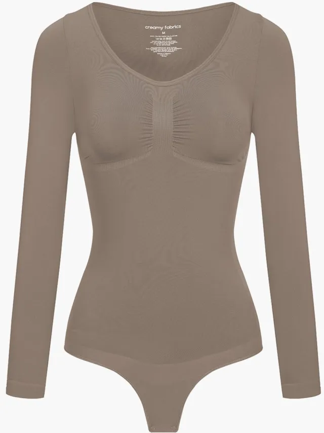 cfab Bodysuit met corrigerende werking, lange mouwen en koord - Taupe